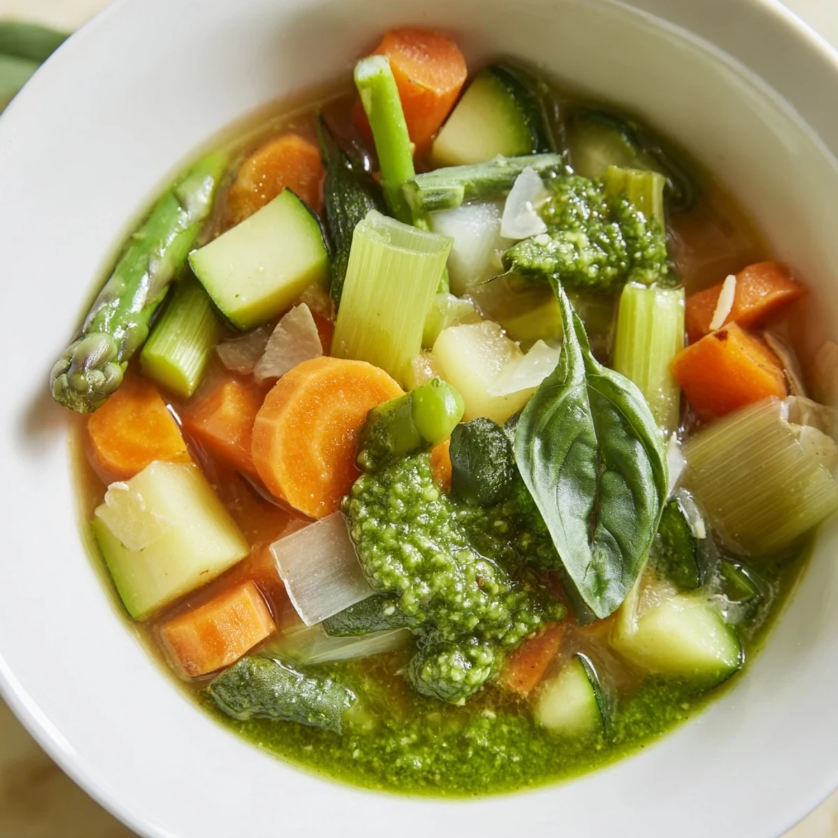 Freshly cooked Spring Vegetable Soup with Pesto served in a rustic bowl, garnished with a spoonful of homemade pesto and a lemon wedge.