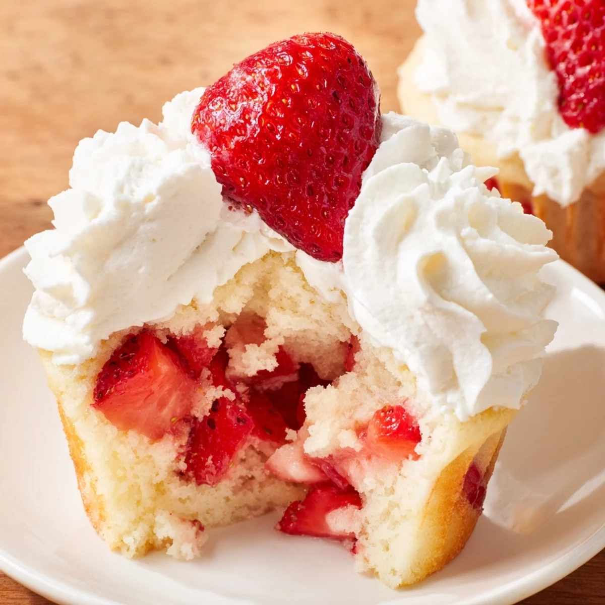 Moist vanilla Strawberry Shortcake Cupcakes topped with fluffy whipped cream and fresh strawberry garnish, perfect for summer parties and picnics.