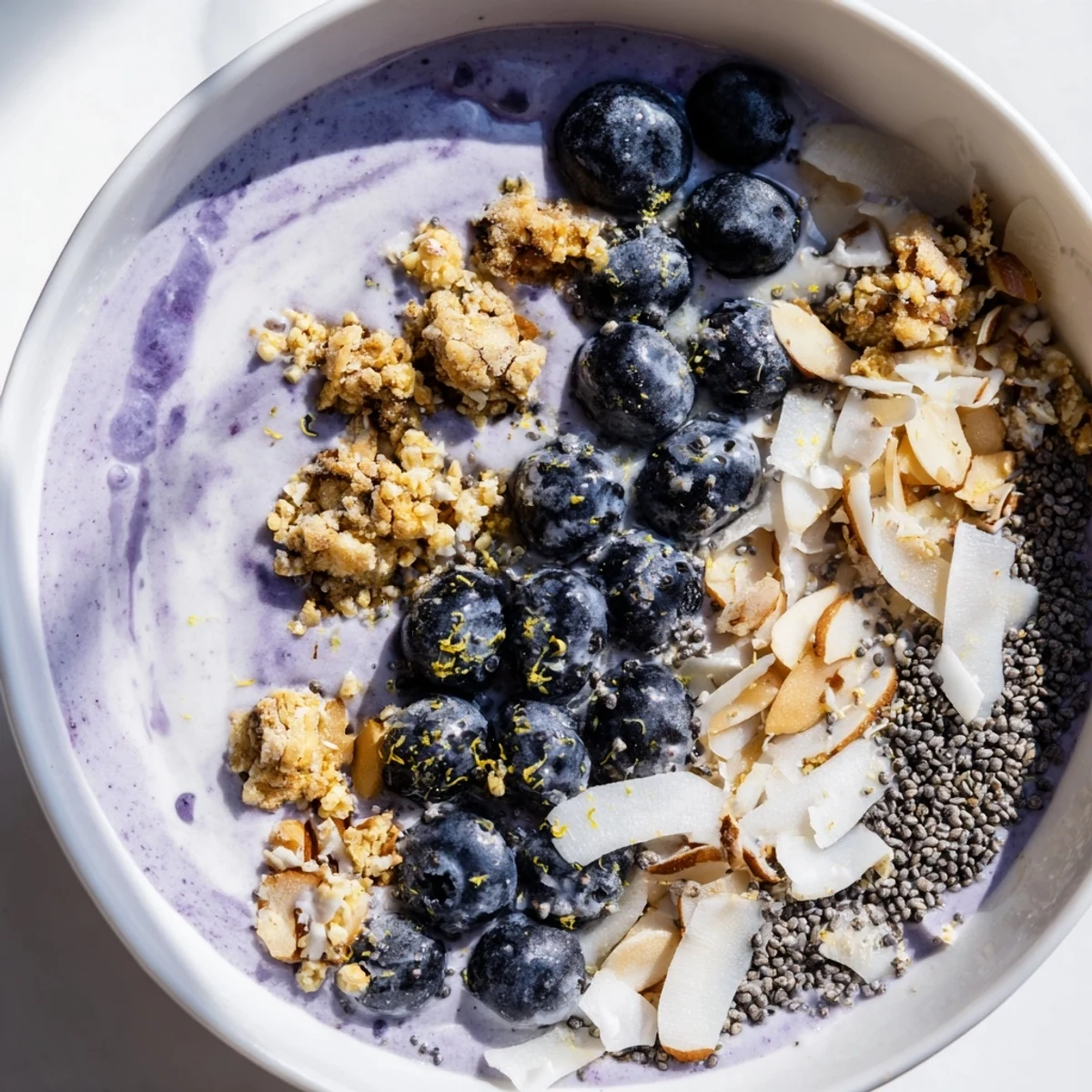 Spoonful of the tangy Lemon Blueberry Smoothie Bowl with layers of Greek yogurt, frozen bananas, and lemon zest garnish.
