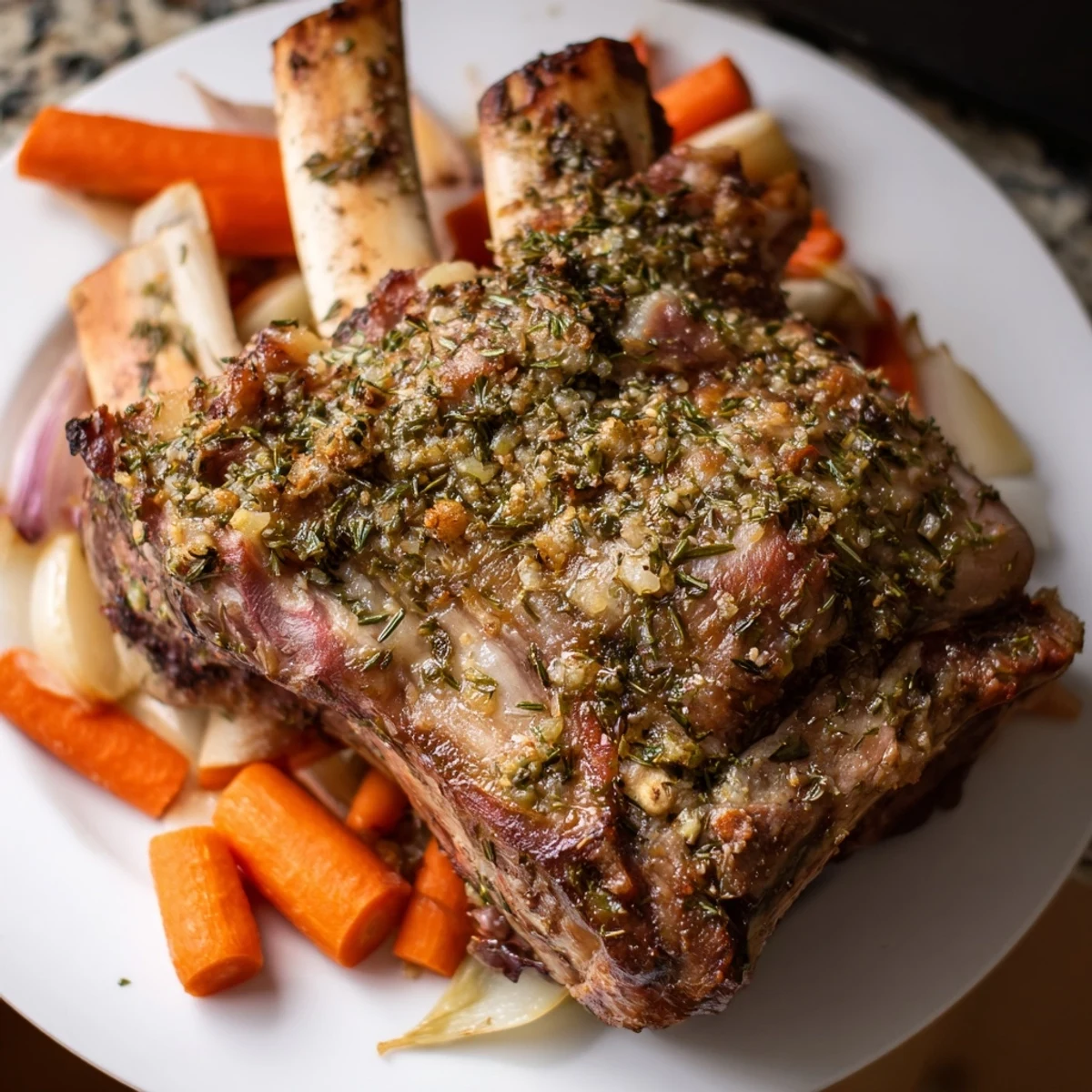 A close-up of tender, slow-roasted lamb shoulder with herbs, garnished with fresh rosemary, thyme, and lemon zest on a wooden board.