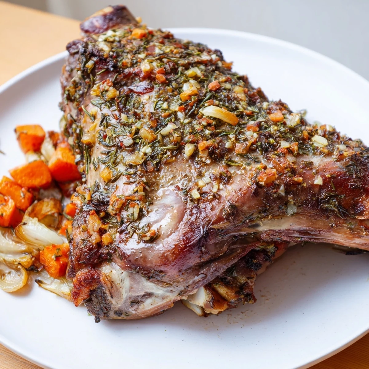 Golden-brown roasted lamb shoulder with herbs, sliced to reveal juicy layers, served with pan juices and vegetables on a festive table.
