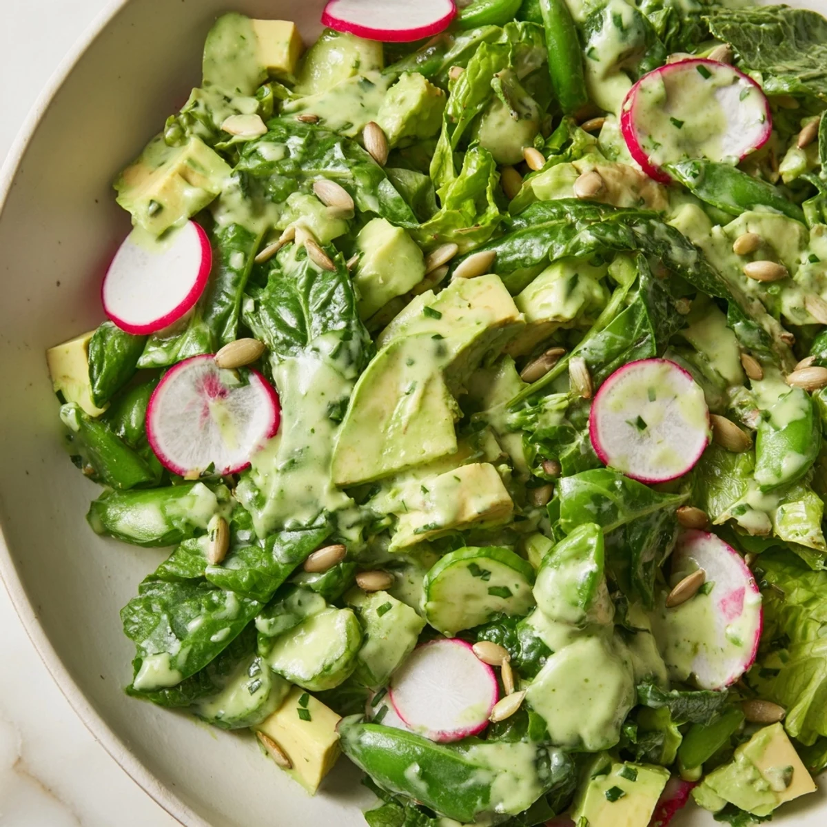 Freshly made Green Goddess Salad with avocado, crisp romaine, and crunchy pumpkin seeds served in a rustic bowl.  