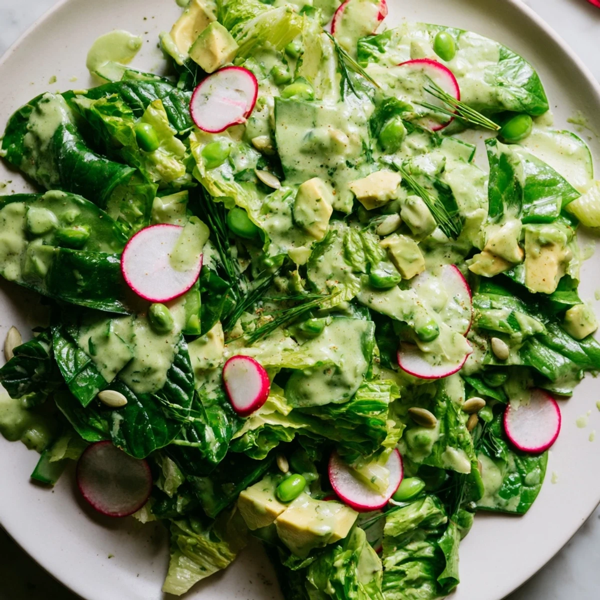 Healthy Green Goddess Salad with diced avocado, crisp cucumbers, and pepitas, tossed in a rich homemade dressing.