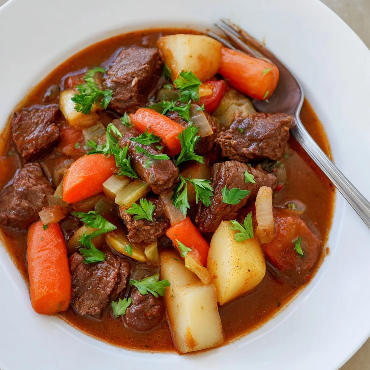 Tender beef chunks and colorful root vegetables like carrots and potatoes simmer in a rich, savory broth in a Dutch oven.  