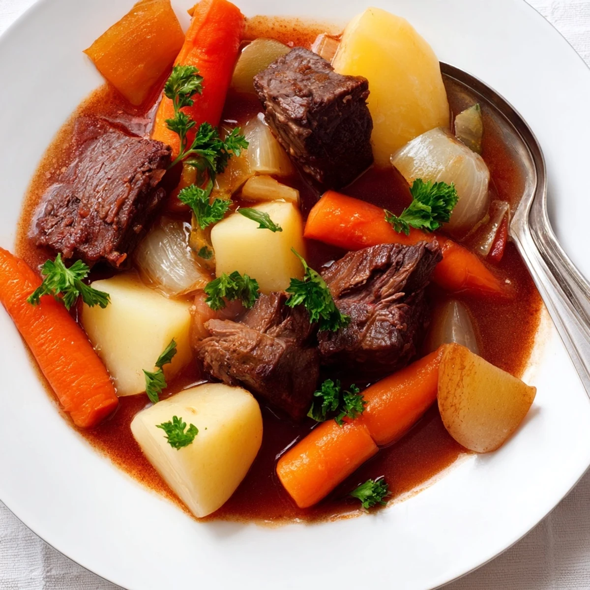 A close-up of Beef Stew with Root Vegetables shows a glossy, thick broth garnished with fresh parsley.