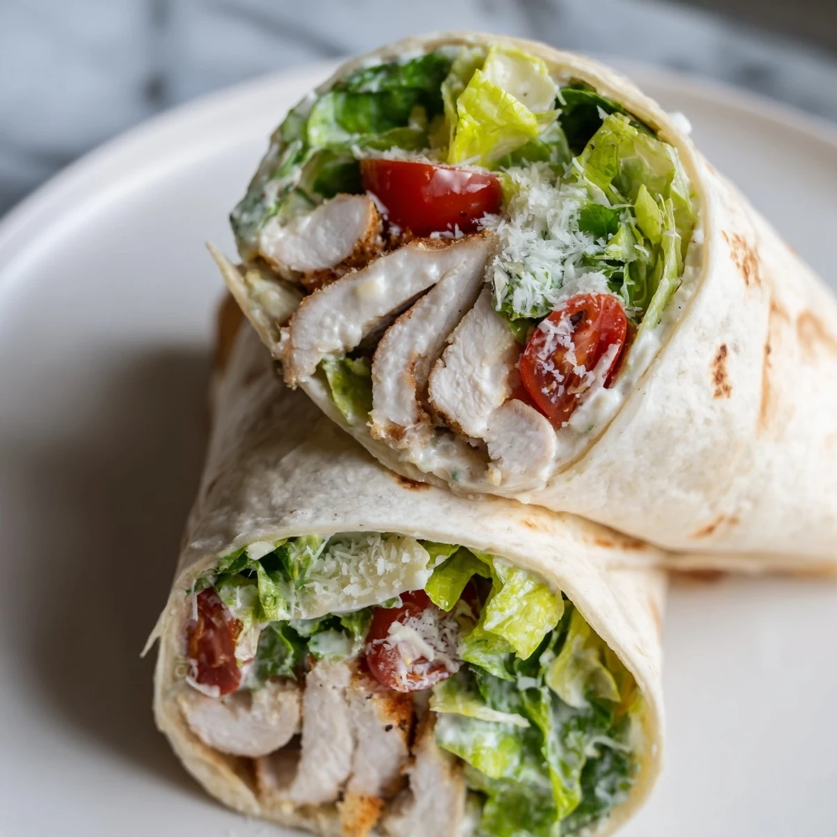 A close-up of a Chicken Caesar Wrap with Parmesan, sliced to reveal layers of crisp romaine, tender chicken, and creamy Caesar dressing.