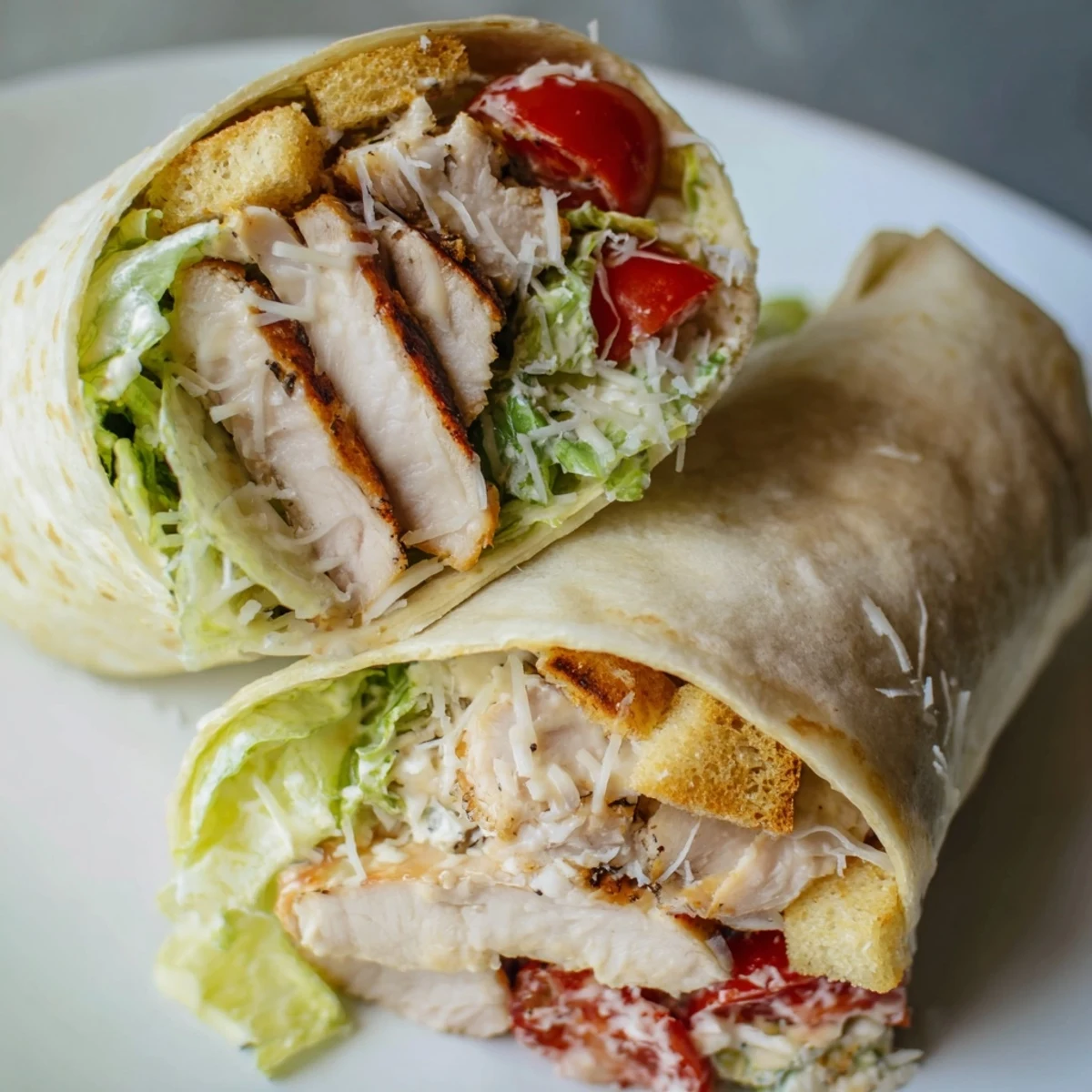 A hand holding a halved Chicken Caesar Wrap with Parmesan, showing shredded romaine, juicy chicken, and Caesar dressing inside.