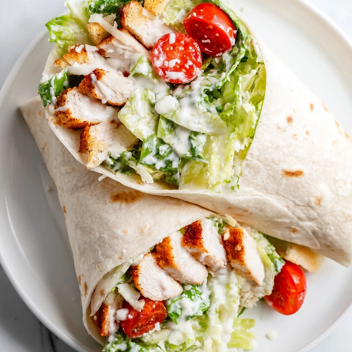 Freshly prepared Chicken Caesar Wrap with Parmesan served on a white plate with cherry tomatoes and extra shaved Parmesan nearby.
