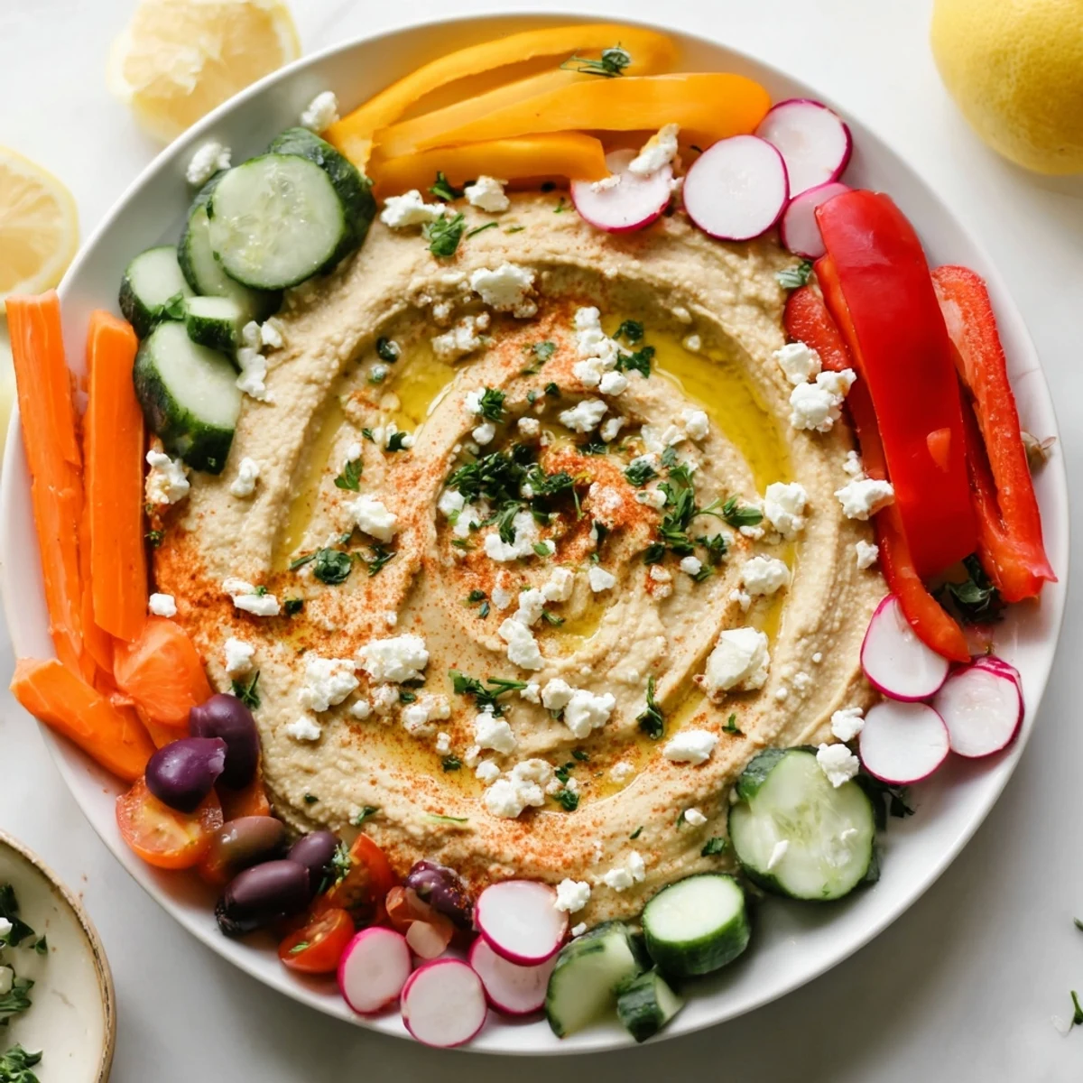 Freshly blended creamy Mediterranean Hummus Platter with Veggies topped with olive oil, paprika, and parsley.