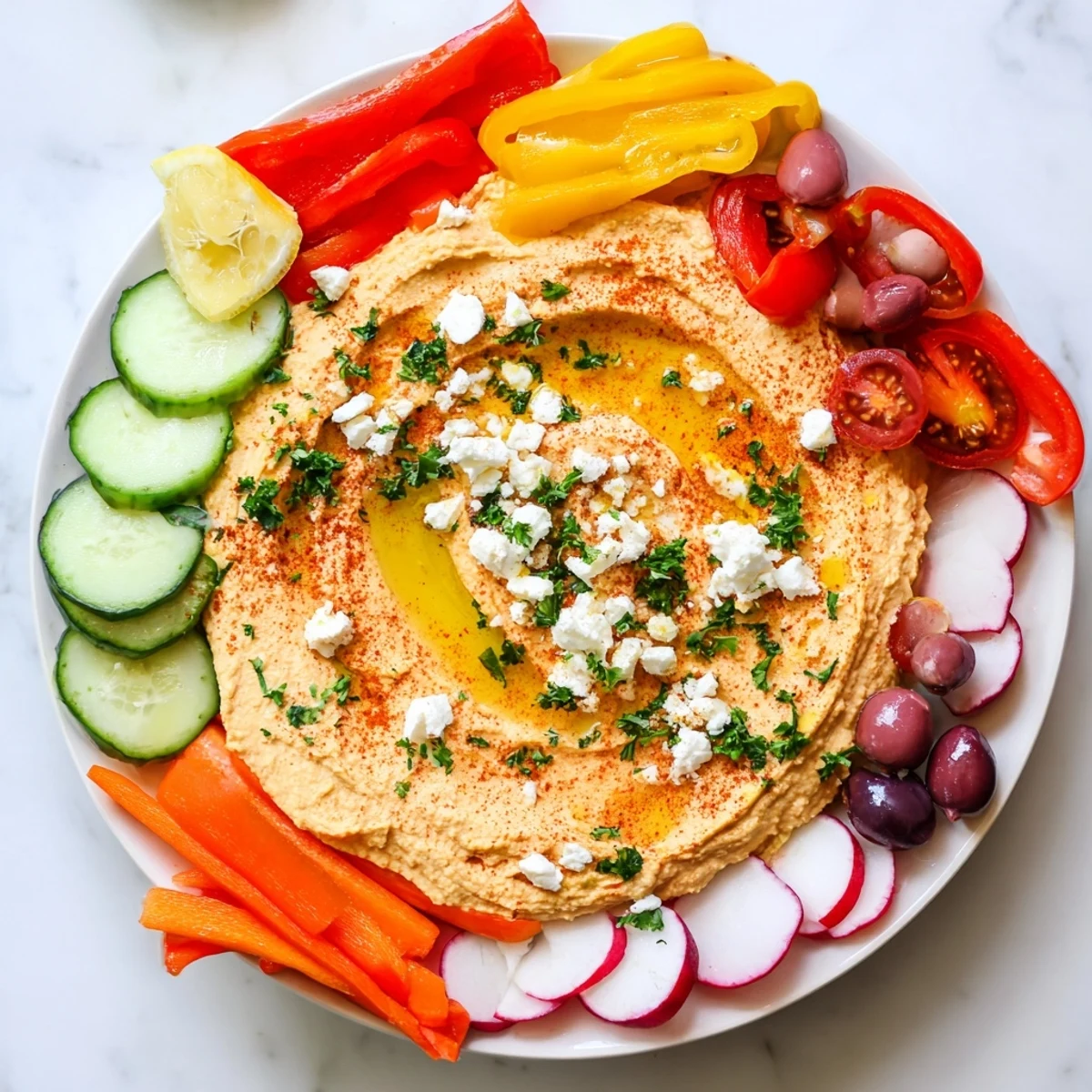 Healthy Mediterranean Hummus Platter with Veggies garnished with feta, olives, and lemon wedges on a wooden board.