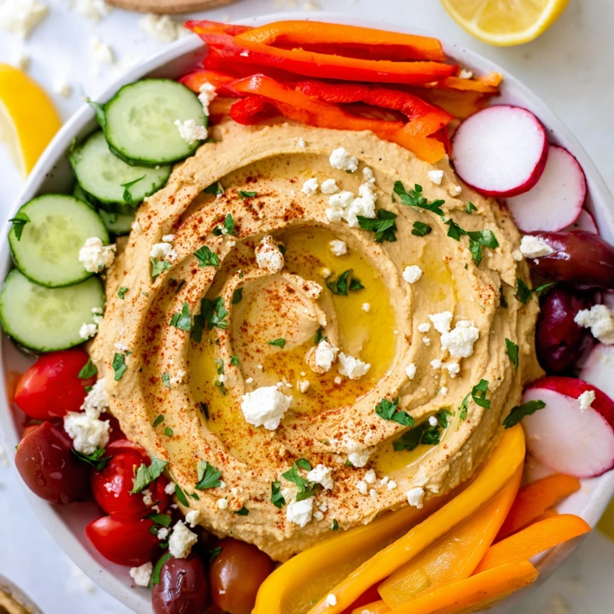 Colorful Mediterranean Hummus Platter with Veggies featuring crisp carrots, cucumber, peppers, and warm pita bread.