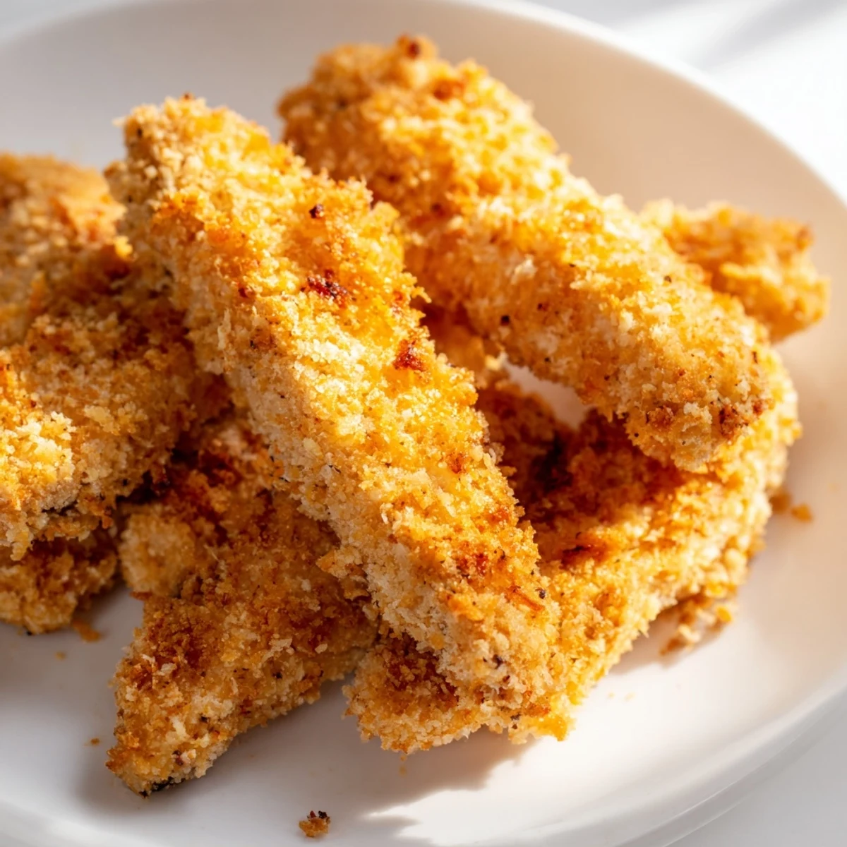 Golden-brown Crispy Air Fryer Chicken Tenders arranged on a platter with dipping sauce, perfect for a family dinner.