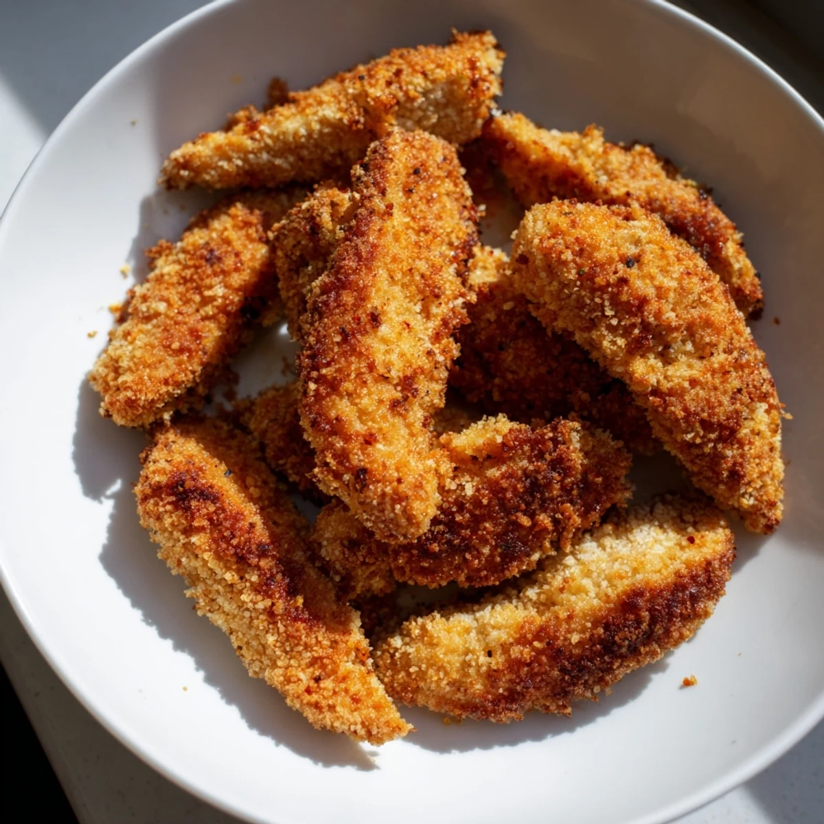 Plate of juicy Crispy Air Fryer Chicken Tenders with a side salad, ideal for an easy American family meal.
