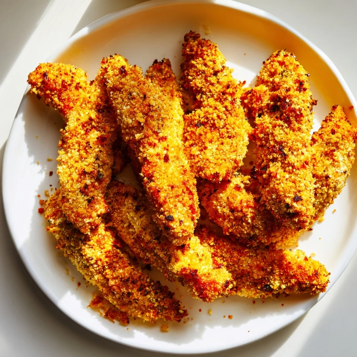 Close-up of breaded Crispy Air Fryer Chicken Tenders showing a crunchy texture, served hot from the air fryer.