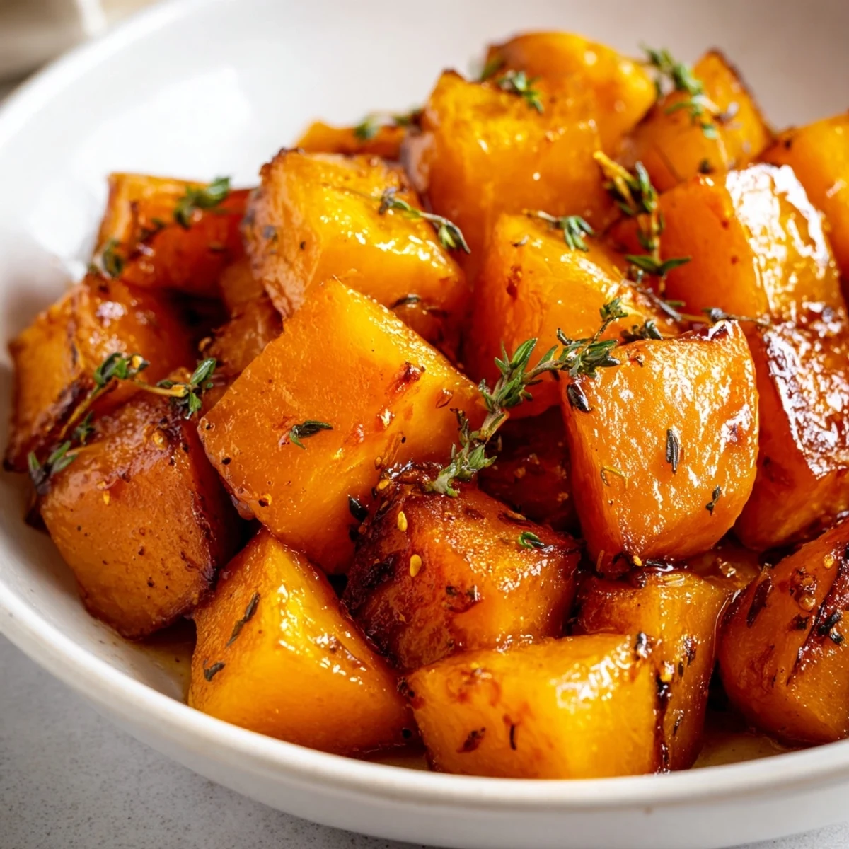 Golden cubes of Roasted Butternut Squash with Maple glisten with caramelization on a rustic wooden table. 