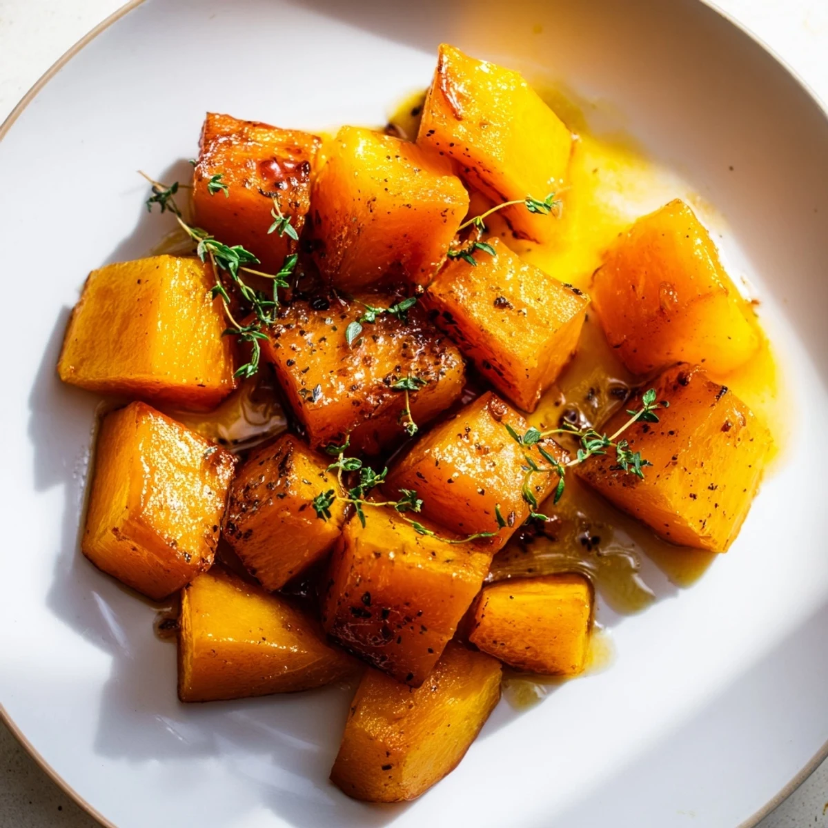 A close-up shows soft, tender Roasted Butternut Squash with Maple coated in warm cinnamon spices. 