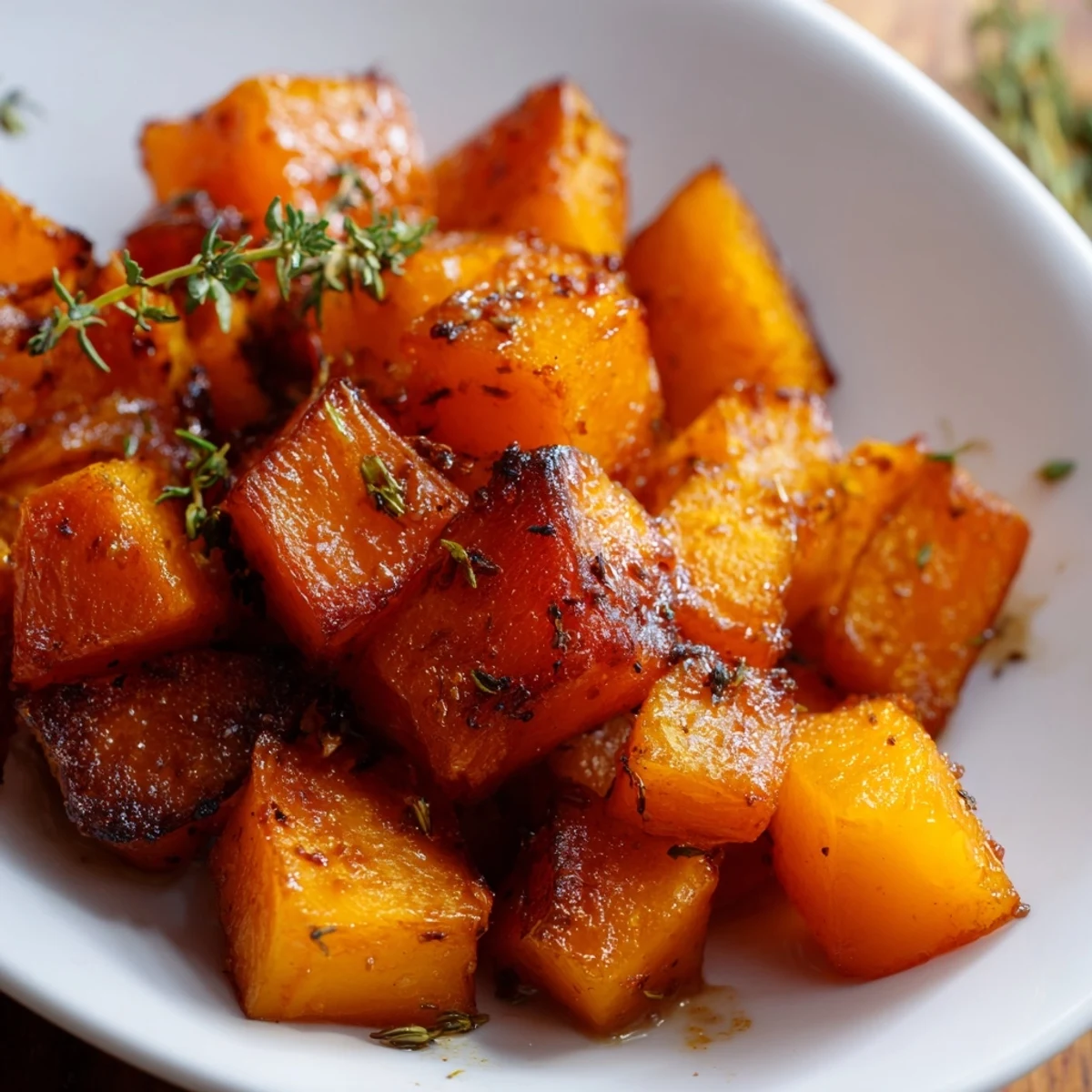 Overhead view of Roasted Butternut Squash with Maple garnished with fresh thyme for an autumn side dish.