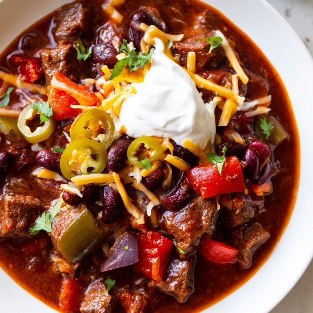 A hearty bowl of Slow Cooker Beef Chili with Beans garnished with jalapeños and fresh cilantro.