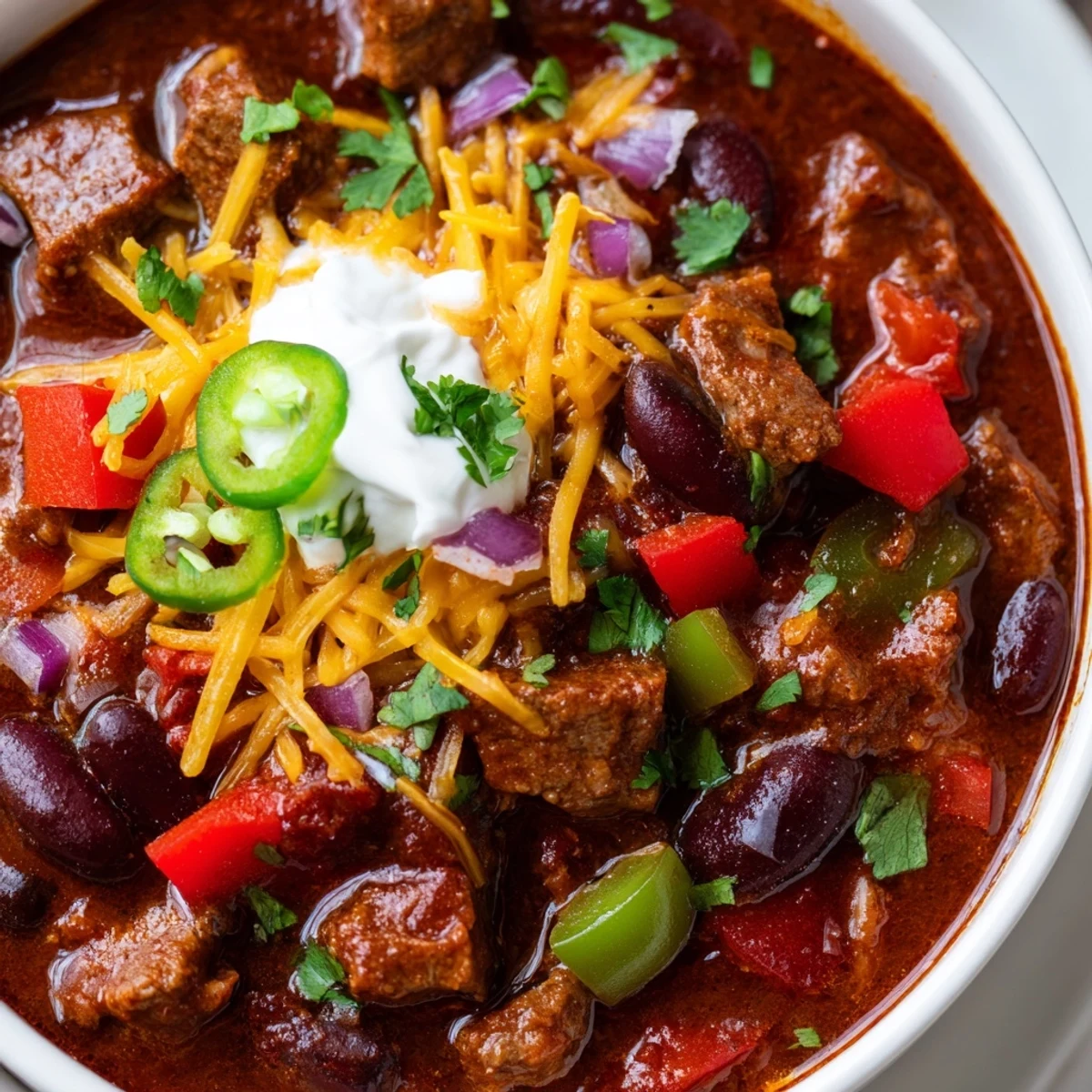 Close-up of Slow Cooker Beef Chili with Beans featuring tender beef and beans in rich broth.
