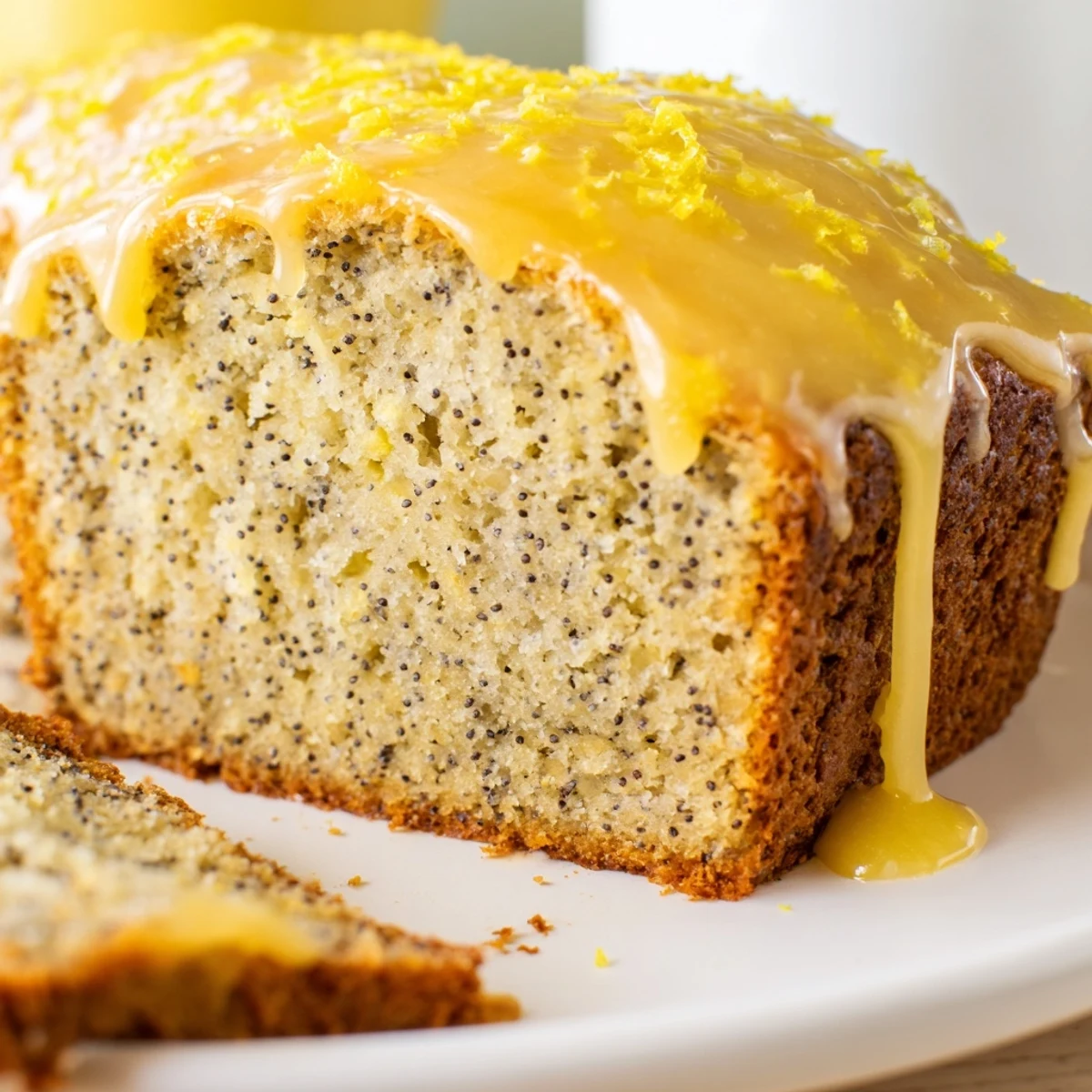 Golden slices of Lemon Poppy Seed Loaf glazed with tangy icing, perfect with a cup of coffee.
