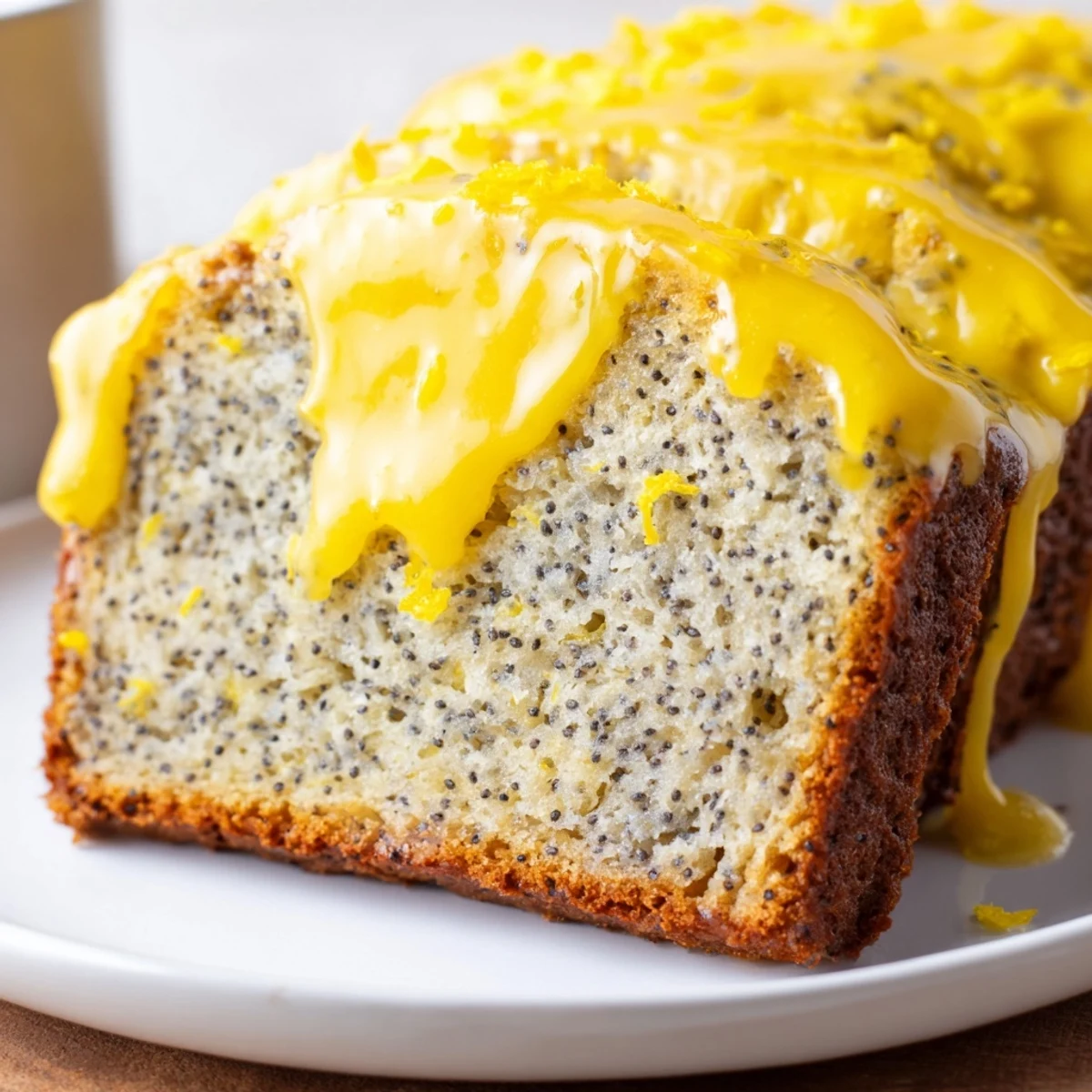 Freshly baked Lemon Poppy Seed Loaf drizzled with sweet glaze, ready to serve for brunch.