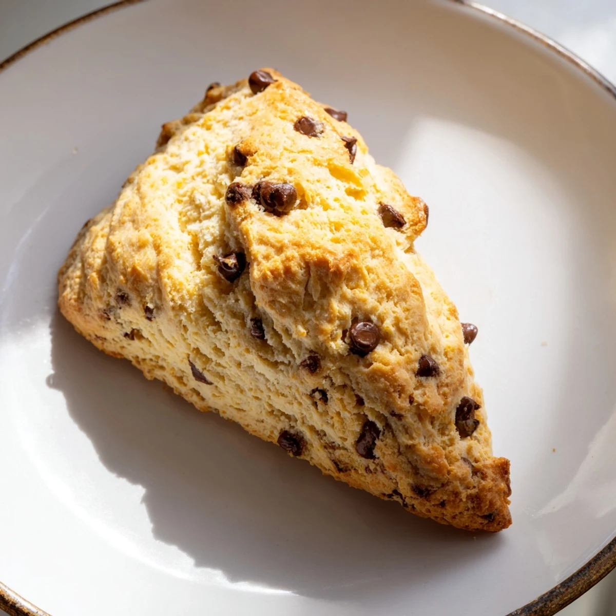 A close-up of a warm Chocolate Chip Scone split open on a plate, revealing a tender crumb interior.