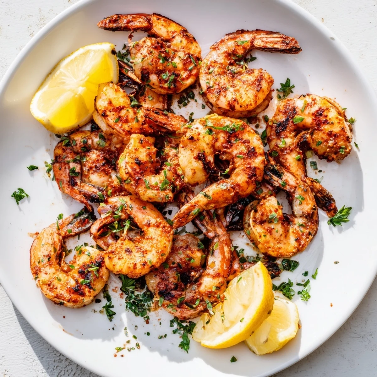 Juicy Cajun Spiced Grilled Shrimp skewers sizzling on a grill with visible char marks and fresh lemon wedges.