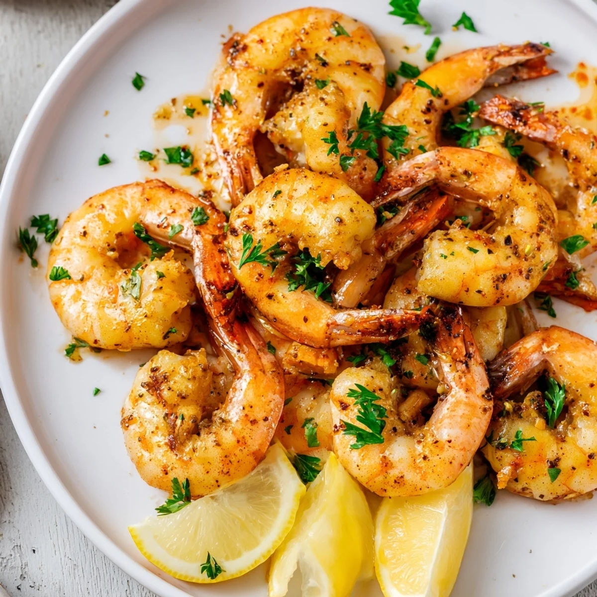 A close up of Cajun Spiced Grilled Shrimp glistening with smoky spice served on a platter garnished with parsley.