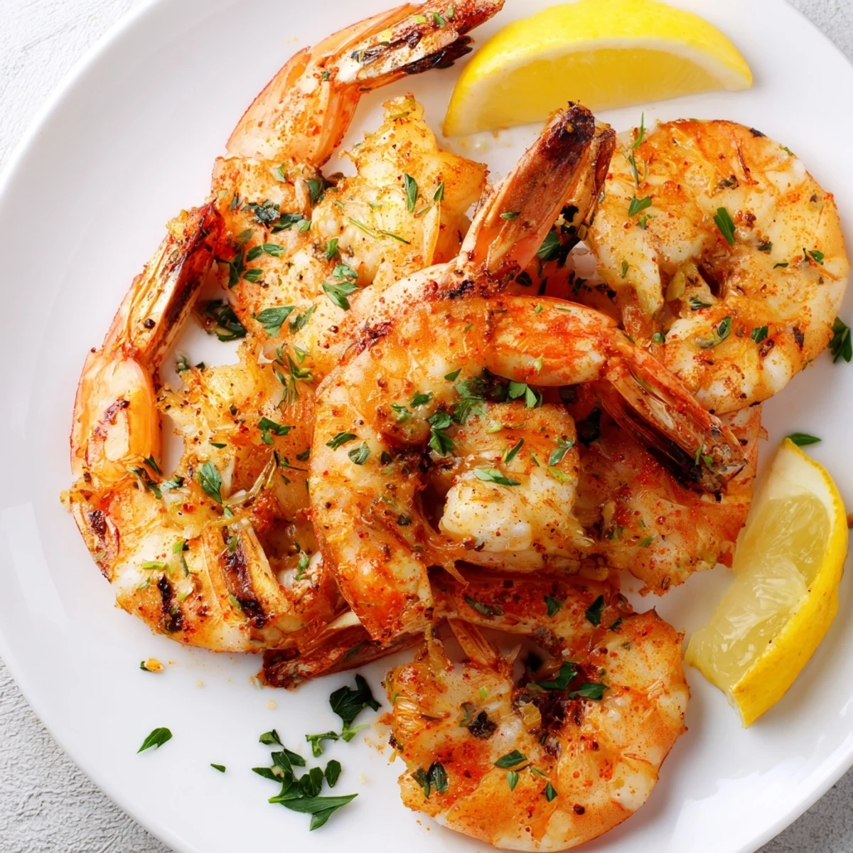 Plated Cajun Spiced Grilled Shrimp over white rice with a side salad and lemon wedges for a complete meal.