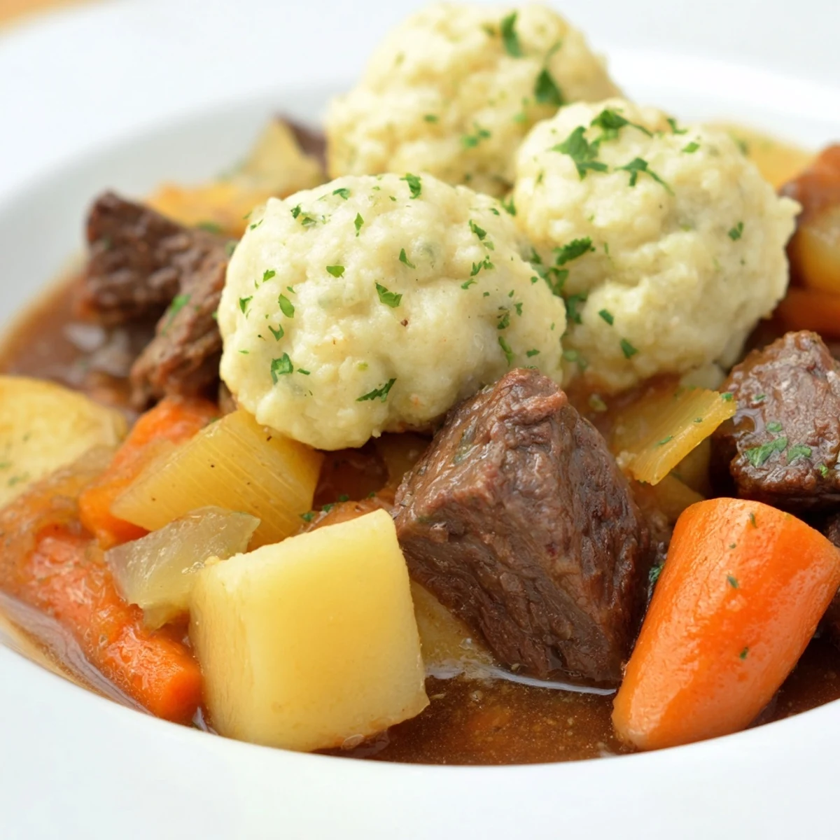 A close-up of Irish Beef Stew with Dumplings in a rustic bowl, featuring tender beef chunks and fluffy dough balls rising in savory broth.