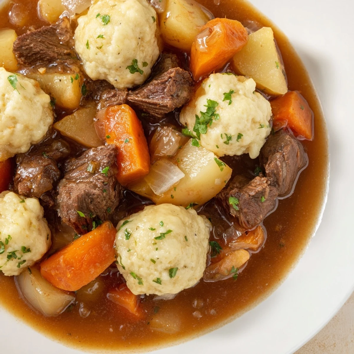 Steam rises from a deep dish of Irish Beef Stew with Dumplings, surrounded by crusty bread slices for dipping on a wooden table.