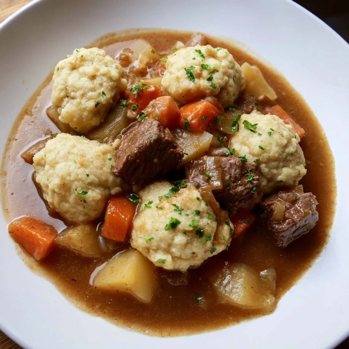 A hearty serving of Irish Beef Stew with Dumplings shows golden brown dumplings nestled among carrots and potatoes in a rich gravy.