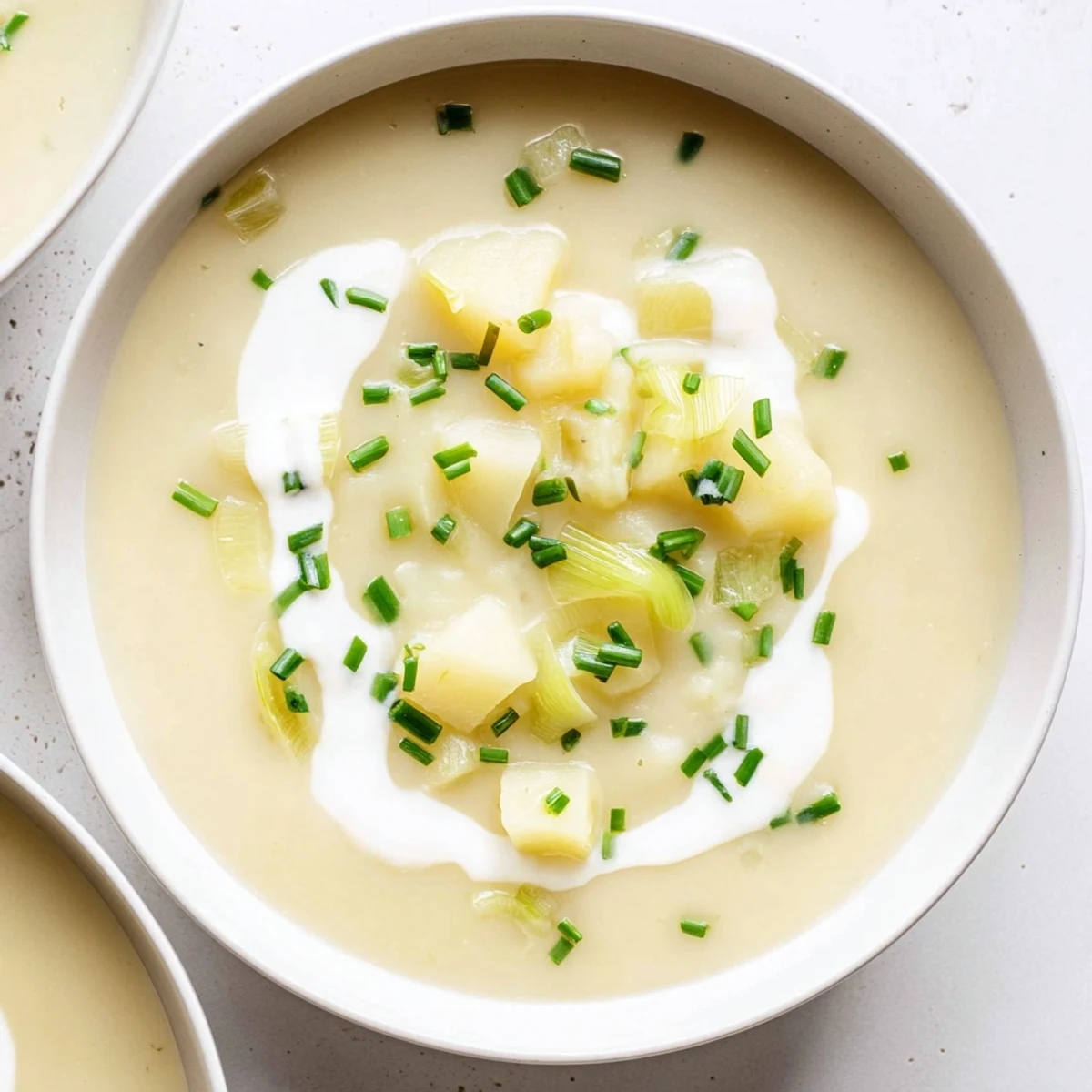 Creamy Potato and Leek Soup with Cream in a rustic bowl with fresh chives and a drizzle of cream.
