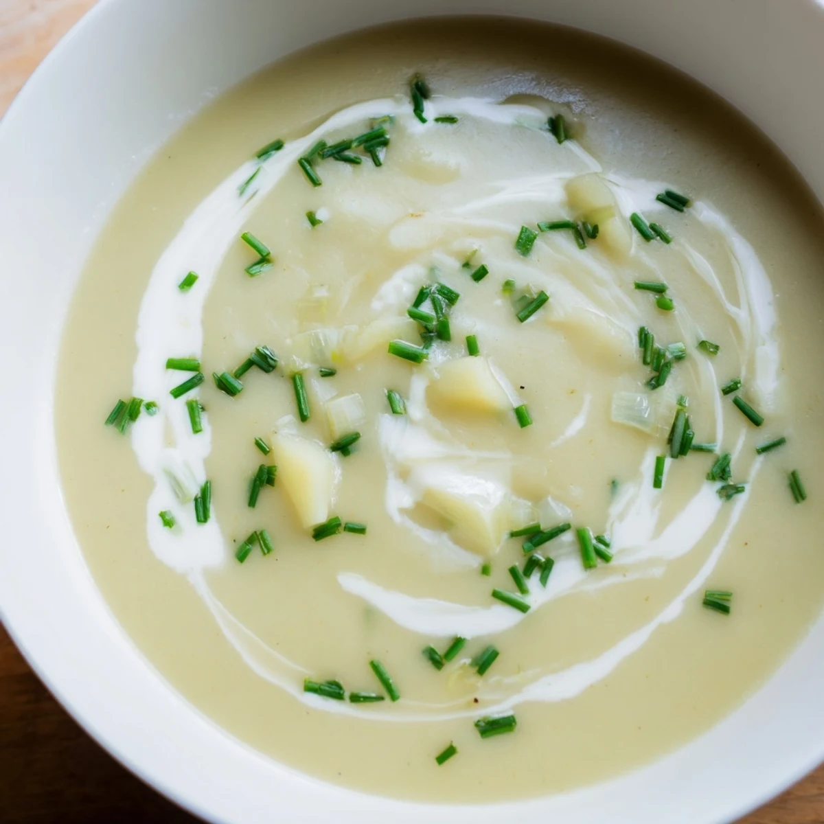 Creamy Potato and Leek Soup with Cream in a white bowl, steaming with velvety texture and nutmeg aroma.