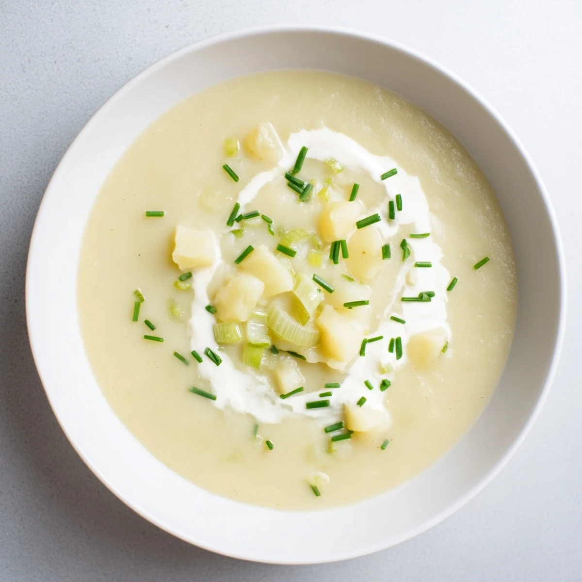 Creamy Potato and Leek Soup with Cream in a bowl, garnished with chives and served with crusty bread.