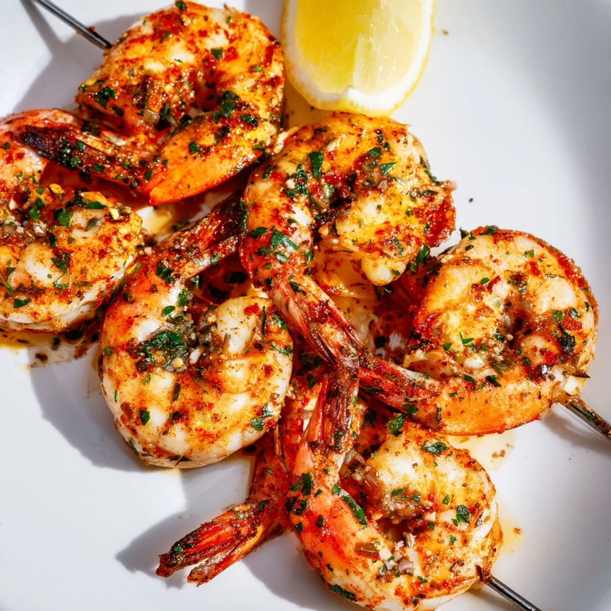 Golden-brown Cajun Spiced Grilled Shrimp Skewers sizzle on the grill, showing smoky char marks and vibrant spices.