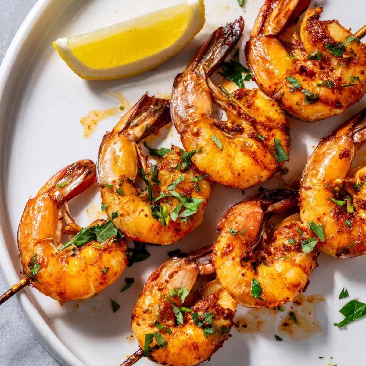 Cajun Spiced Grilled Shrimp Skewers are served with lemon wedges and fresh parsley on a rustic wooden board.