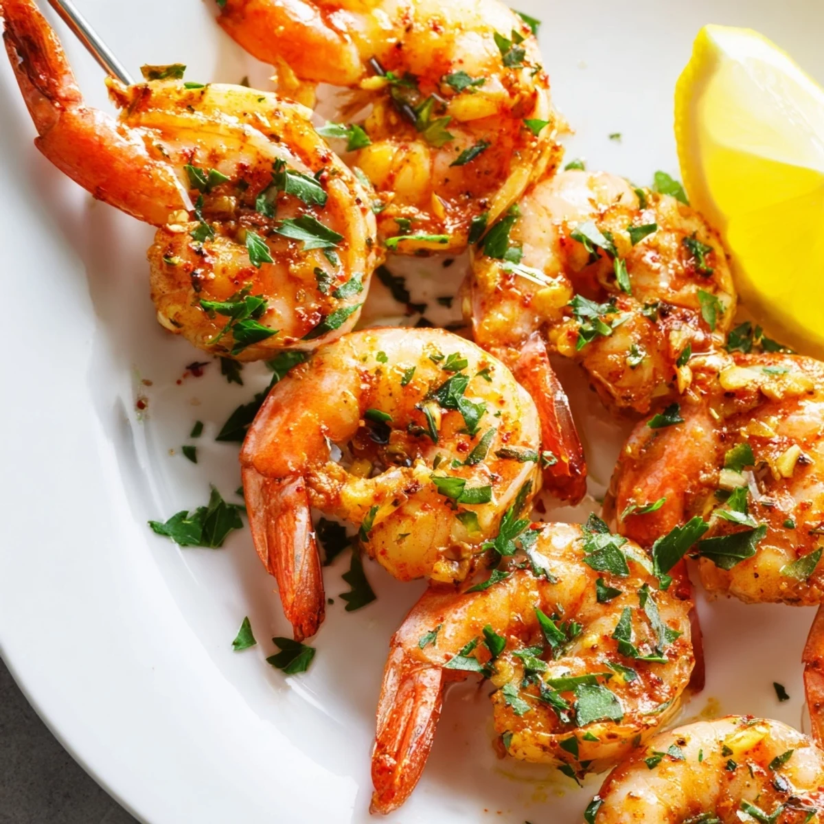 Juicy Cajun Spiced Grilled Shrimp Skewers are plated over rice, highlighting their bold Southern spices and appetizing texture.