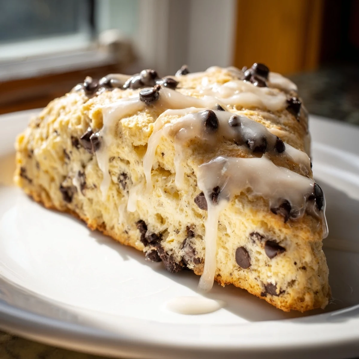 Freshly baked Chocolate Chip Scones with Vanilla Glaze sit on a cooling rack, showcasing a golden crust and melty chocolate chips.