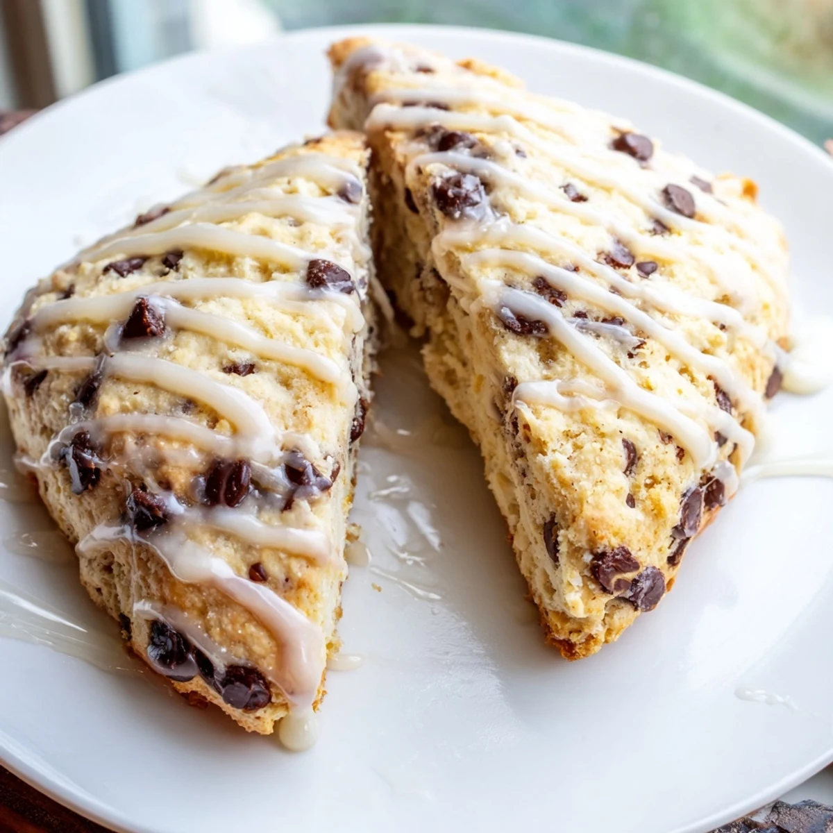 A close-up of Chocolate Chip Scones with Vanilla Glaze drizzled over the top, paired with a steaming cup of coffee for breakfast.