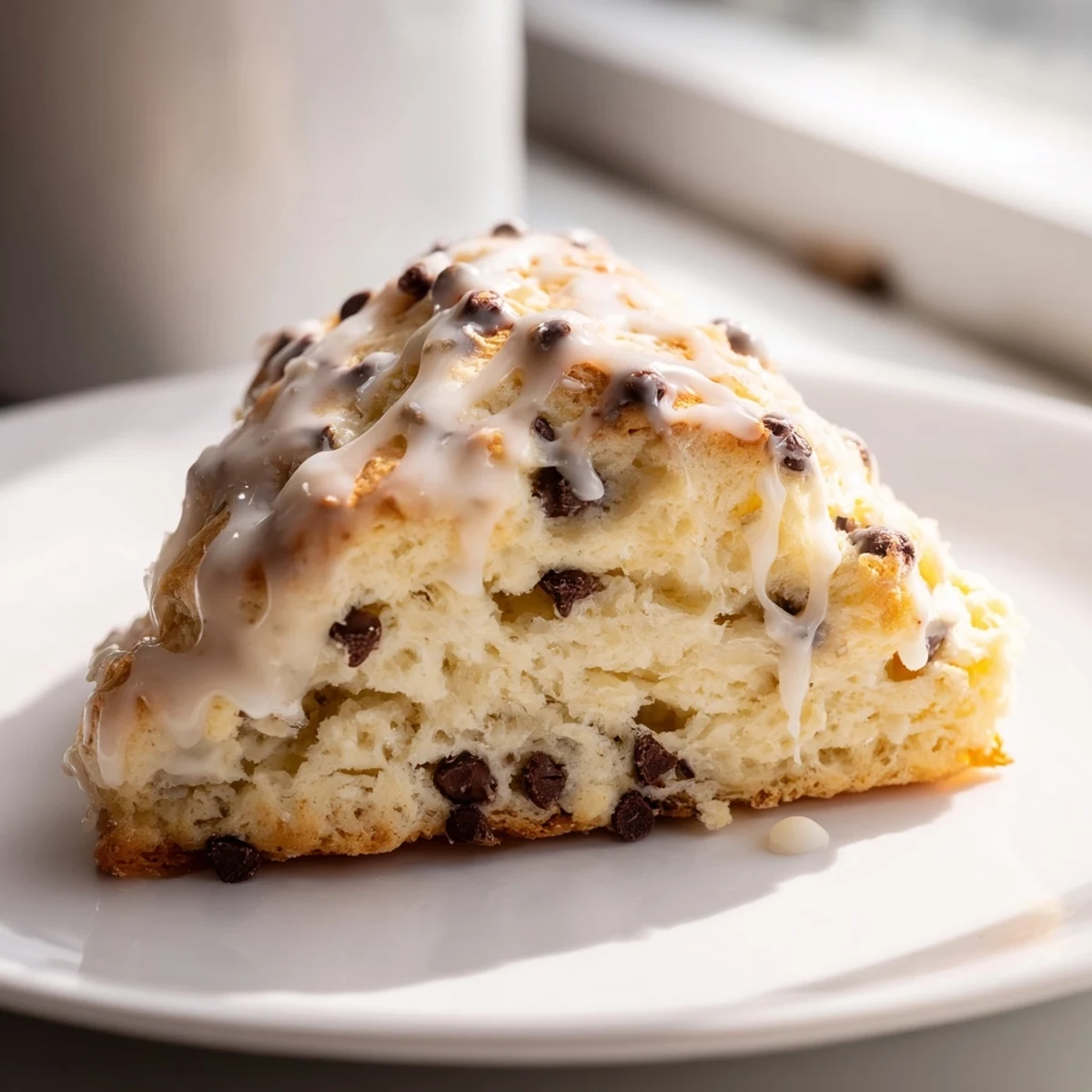 Warm Chocolate Chip Scones with Vanilla Glaze are arranged on a rustic wooden board, ready to be served for an afternoon treat.