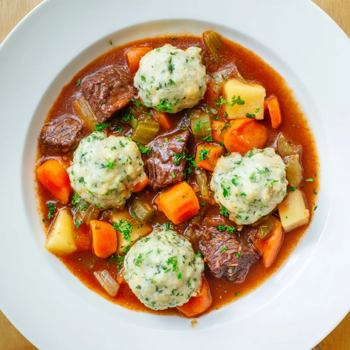 This hearty Irish Beef Stew with Herb Dumplings is served steaming in a rustic bowl with fresh parsley garnish.