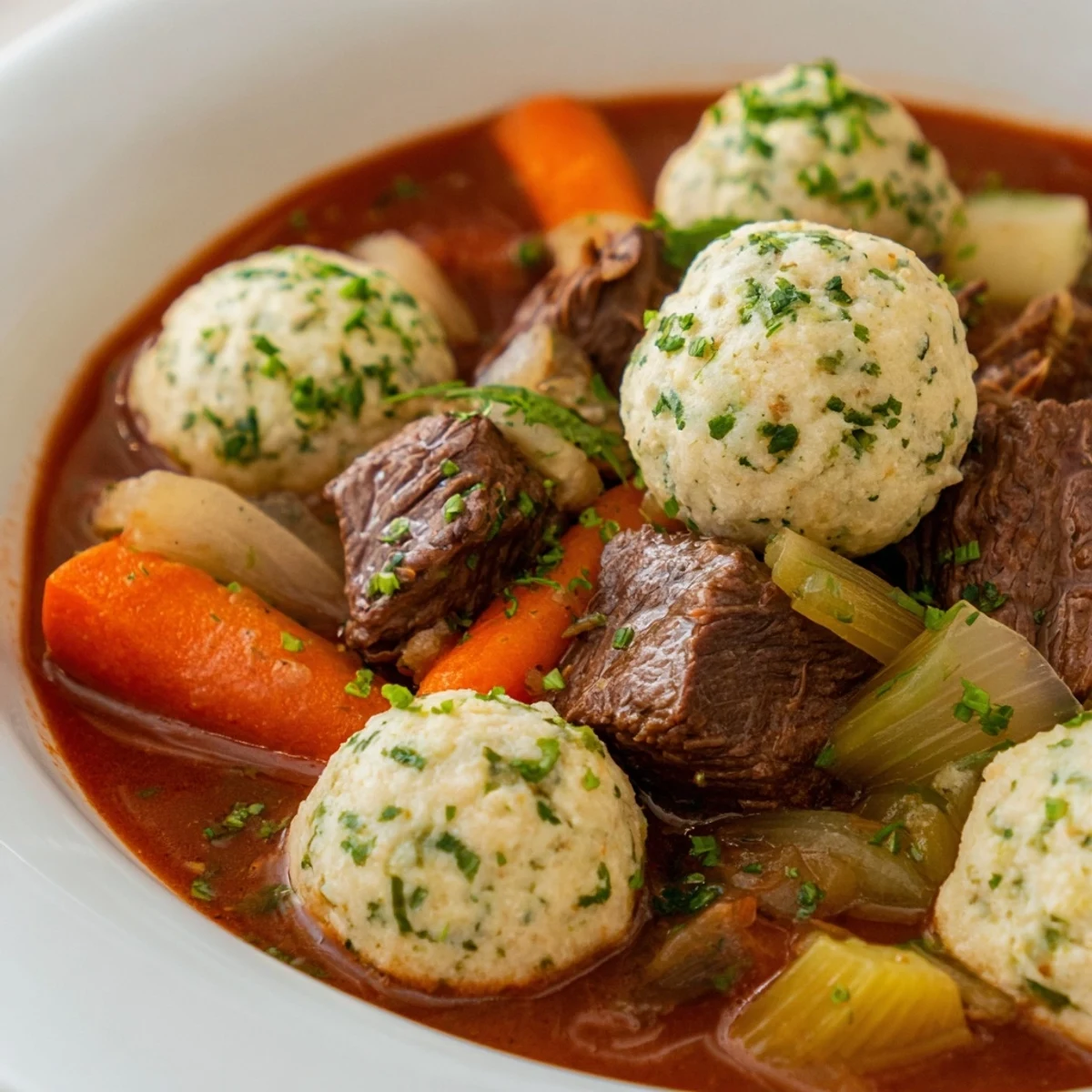 A close-up of Irish Beef Stew with Herb Dumplings, featuring tender beef chunks and fluffy herb dumplings in a rich, savory broth.