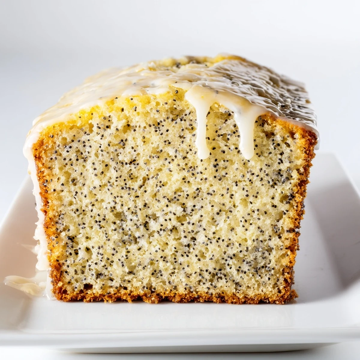 Close-up of Lemon Poppy Seed Loaf Cake drizzled with tangy lemon glaze, served on a ceramic platter.
