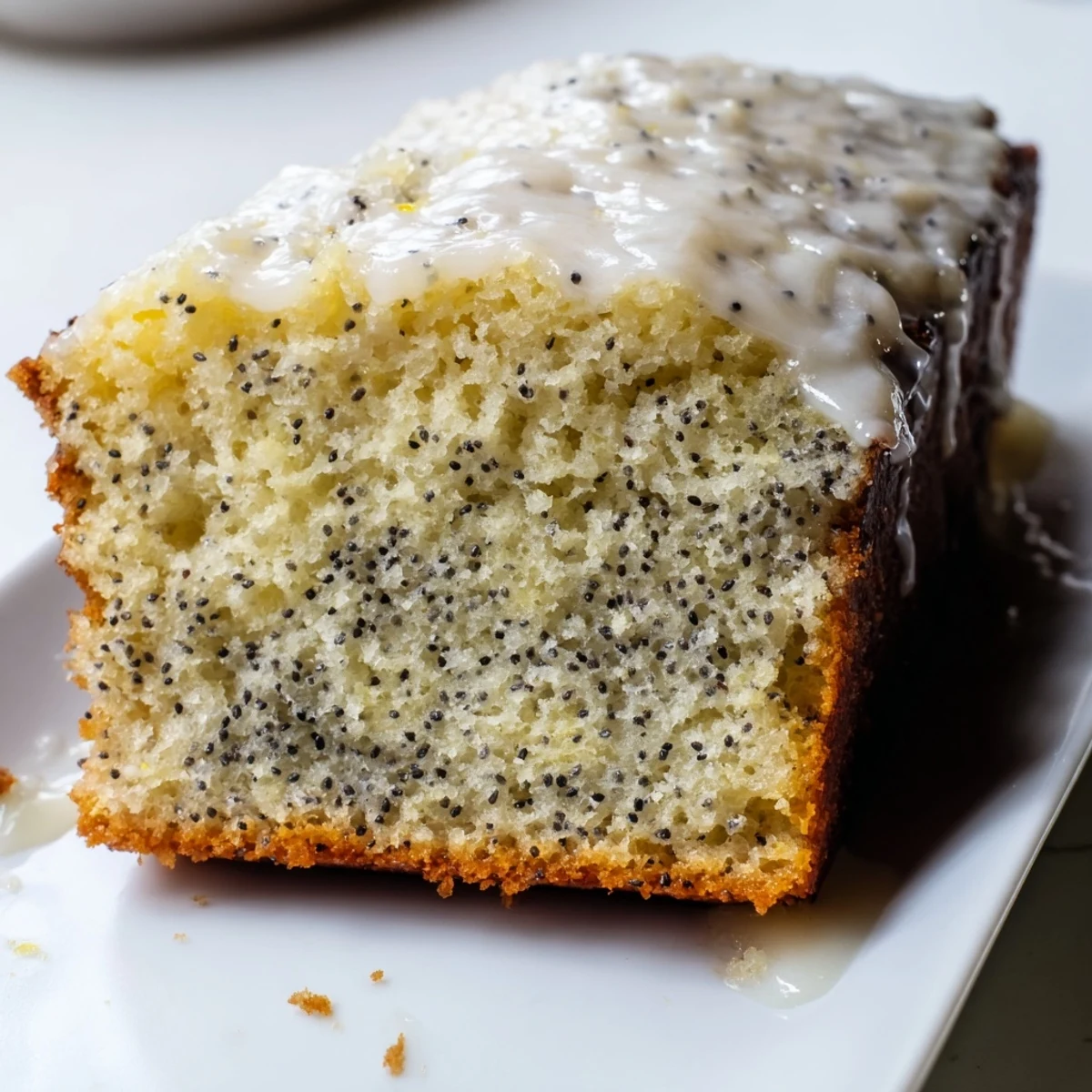 A sliced Lemon Poppy Seed Loaf Cake on a white plate showing moist crumb and lemon glaze.