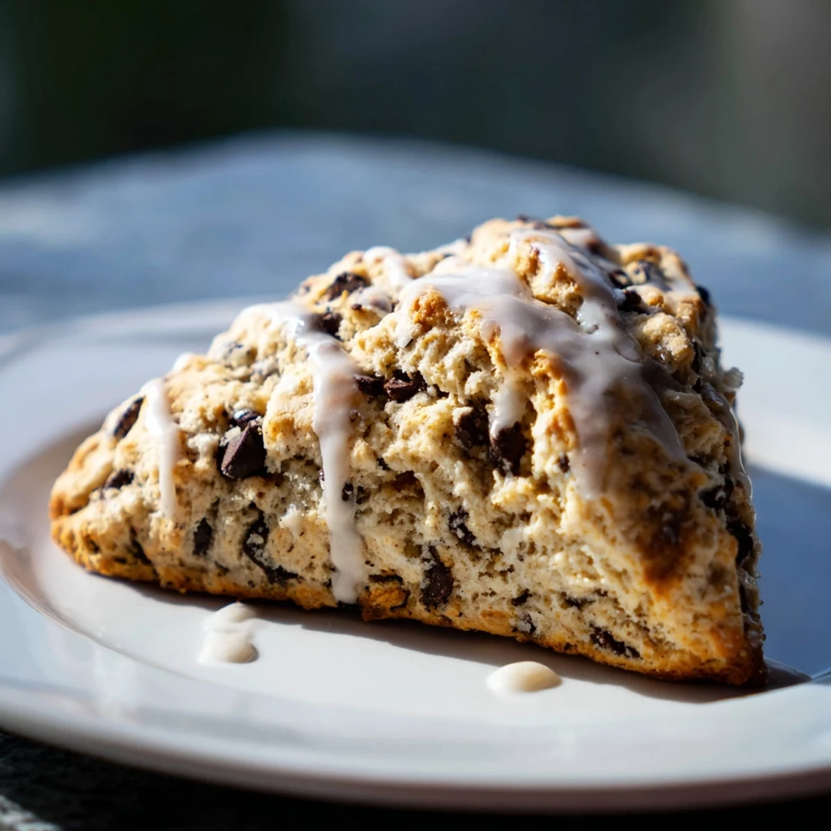 Freshly baked Chocolate Chip Scones with Vanilla Glaze on a wooden board, steam rising.  