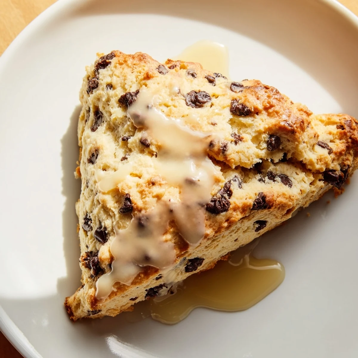 Warm Chocolate Chip Scones with Vanilla Glaze served with coffee on a rustic table.  