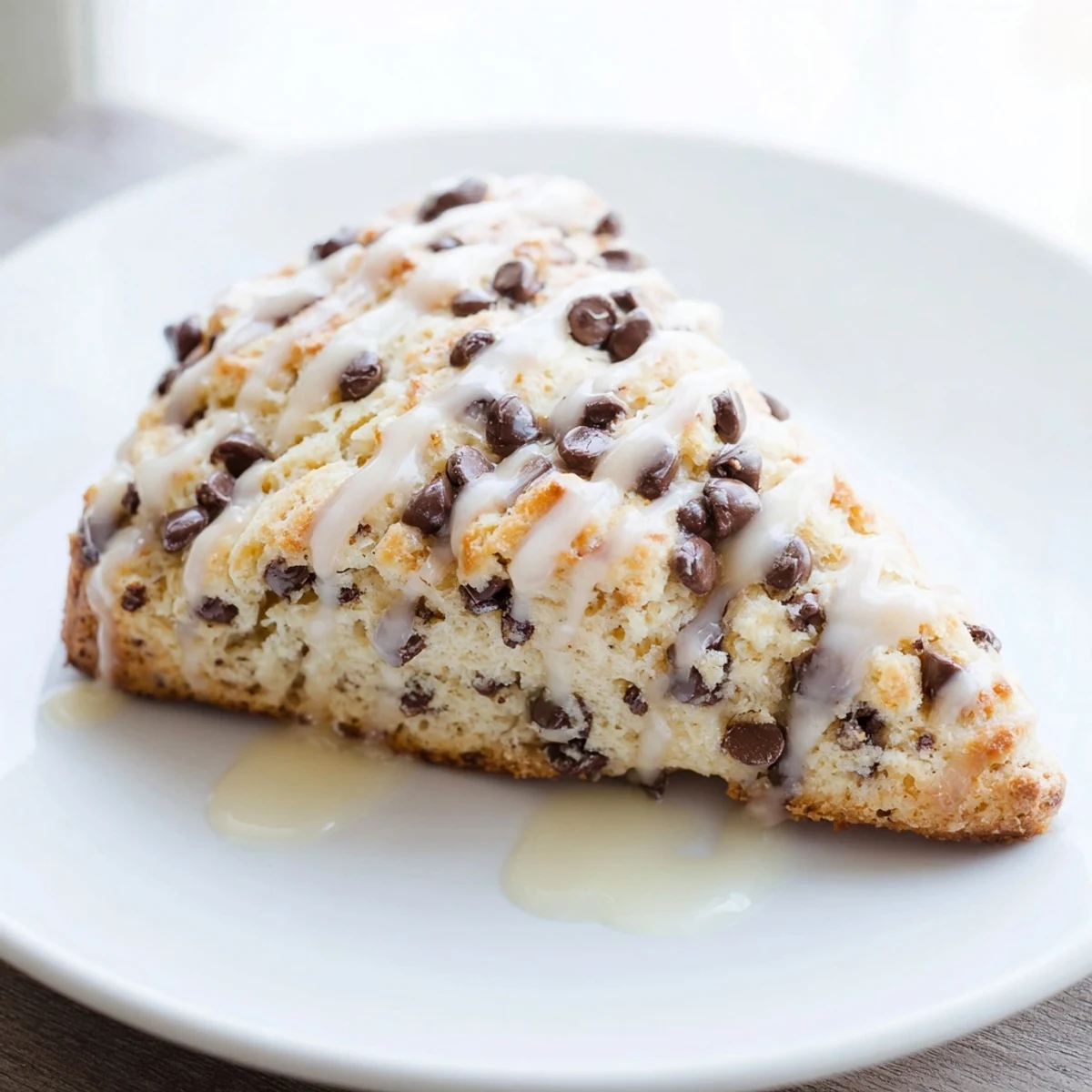 Chocolate Chip Scones with Vanilla Glaze drizzled generously on a white ceramic plate.