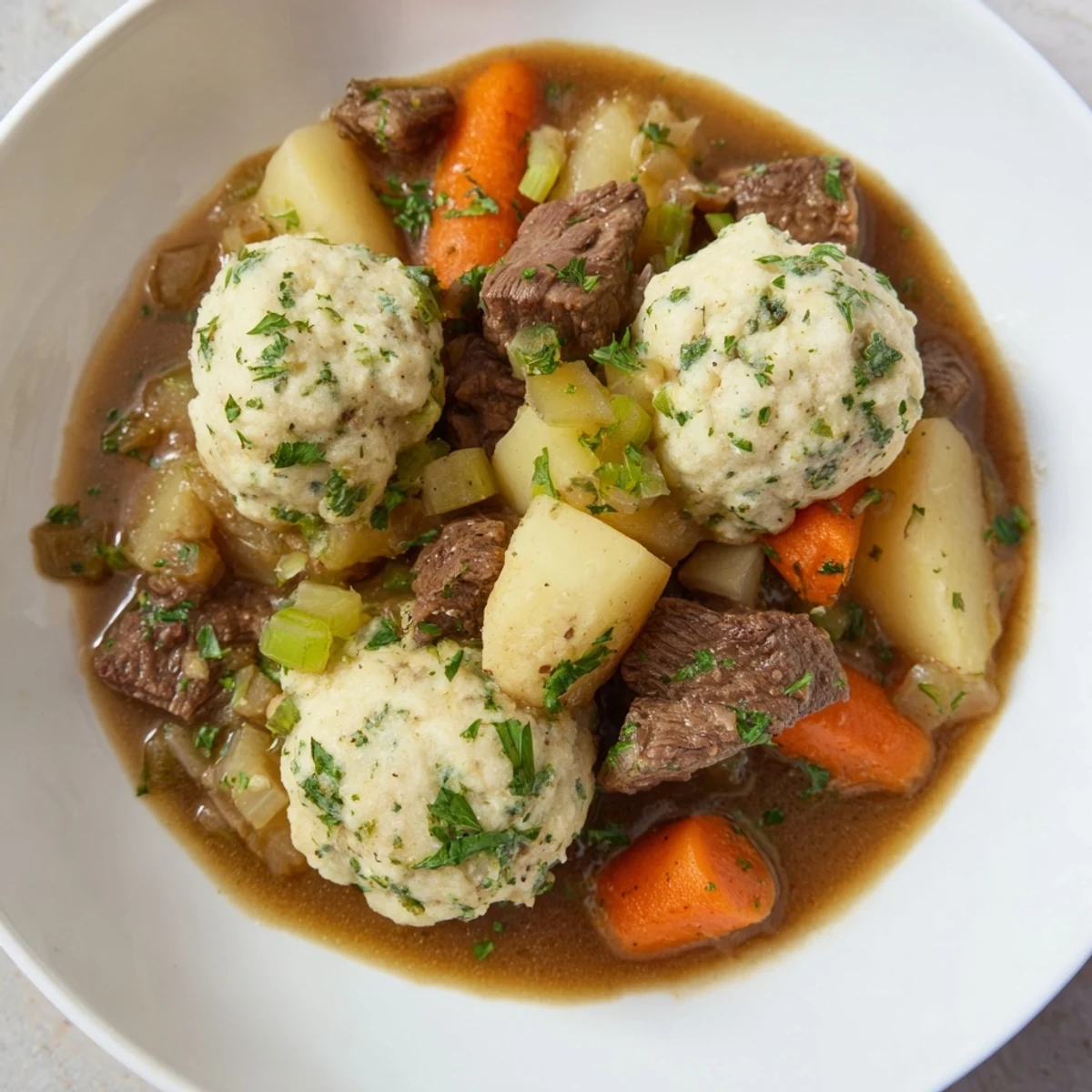A hearty Irish Beef Stew with Herb Dumplings bubbling in a Dutch oven with tender beef and root vegetables.