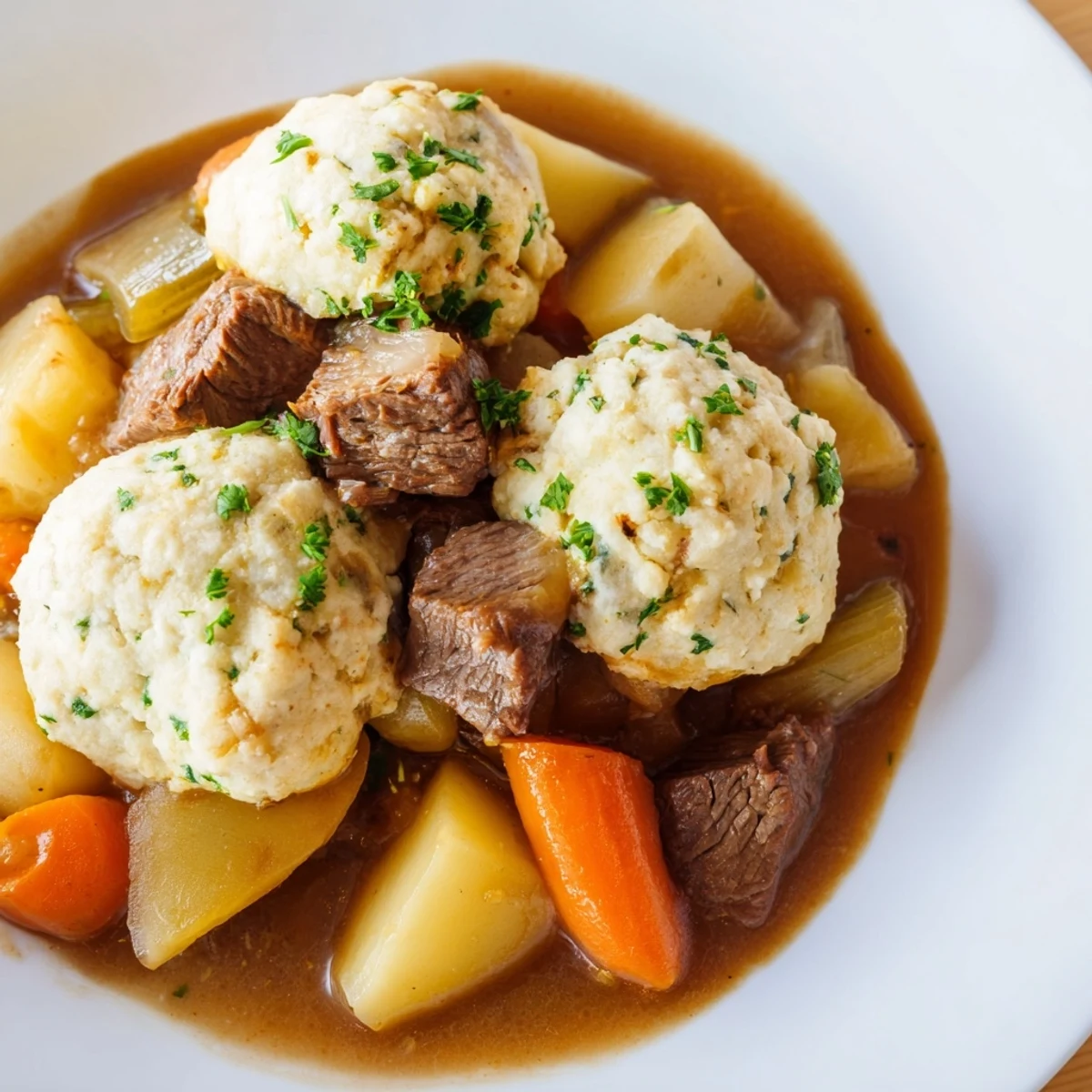 Irish Beef Stew with Herb Dumplings served in a rustic bowl, fluffy dumplings peeking out from rich gravy.